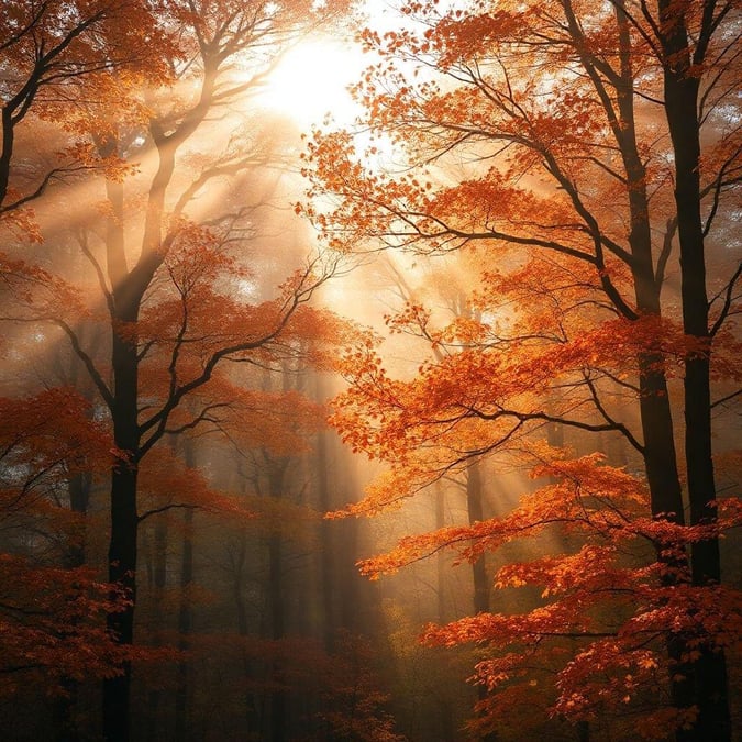 This beautiful autumn forest wallpaper captures the essence of the season with its vibrant orange and yellow hues. The sun shines through the trees, casting a warm glow over the forest floor.