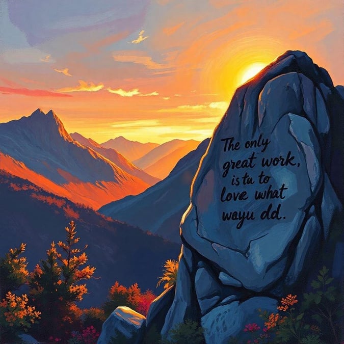 Inspirational quote on rock overlooking mountains at sunset, reminding us that finding love in life comes from following our passions.