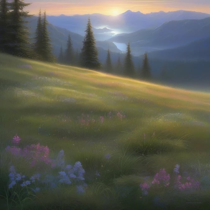 A serene landscape featuring a lush meadow, vibrant flowers, and a breathtaking sunset over majestic mountains. Perfect for a soothing and uplifting wallpaper for desktop or mobile devices.