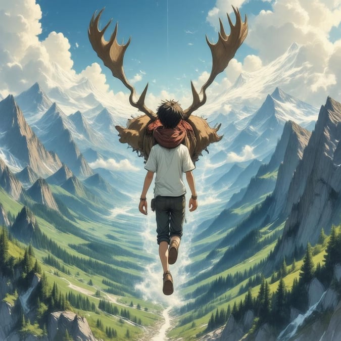 Diese Anime-Illustration zeigt einen jungen Jungen, der durch den Himmel schwebt, mit einem majestätischen Hirsch auf seinem Rücken, vor einer atemberaubenden Kulisse aus sanften Hügeln und hohen Bergen.