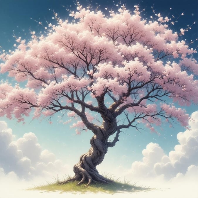 Immerse yourself in the serene beauty of this anime-style cherry blossom tree wallpaper, where delicate branches sway in the wind against a vibrant, colorful sky.