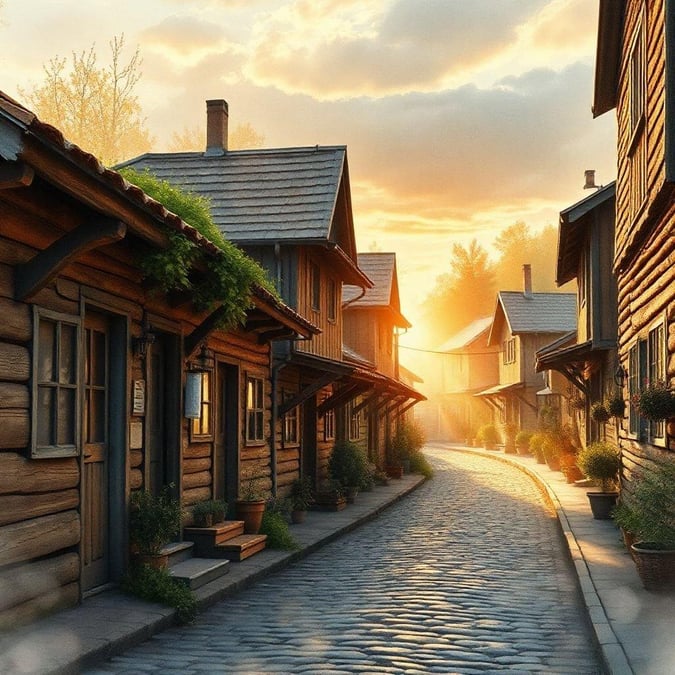 An idyllic village with quaint wooden houses nestled between trees, bathed in warm sunlight and the tranquility of an evening twilight.