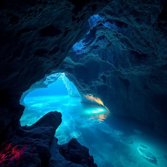 A journey through an underwater cavern, where crystal formations glisten in the water column, inviting a closer look. An adventure awaits you beneath the sea's surface.