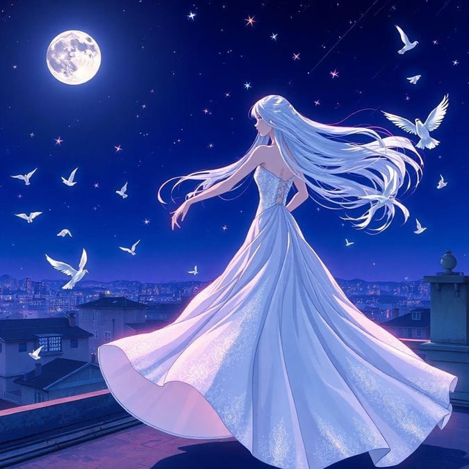 This captivating anime-style illustration depicts a serene and magical scene of a woman in a flowing white gown dancing on a rooftop, surrounded by fluttering doves and shooting stars.