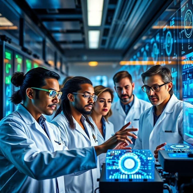 A team of scientists in a lab surrounded by high-tech equipment, deeply engrossed in their work.