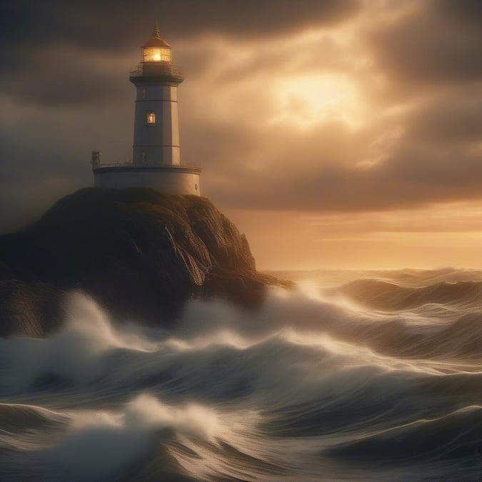 A serene and peaceful scene of a sunrise over the ocean, with a lighthouse standing tall on a rocky outcrop.