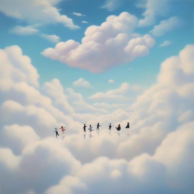 This whimsical illustration captures a group of dancers soaring above the clouds, frozen mid-motion. The scene is framed by billowing white clouds against a vibrant blue sky, creating an ethereal backdrop that perfectly complements this airy spectacle.