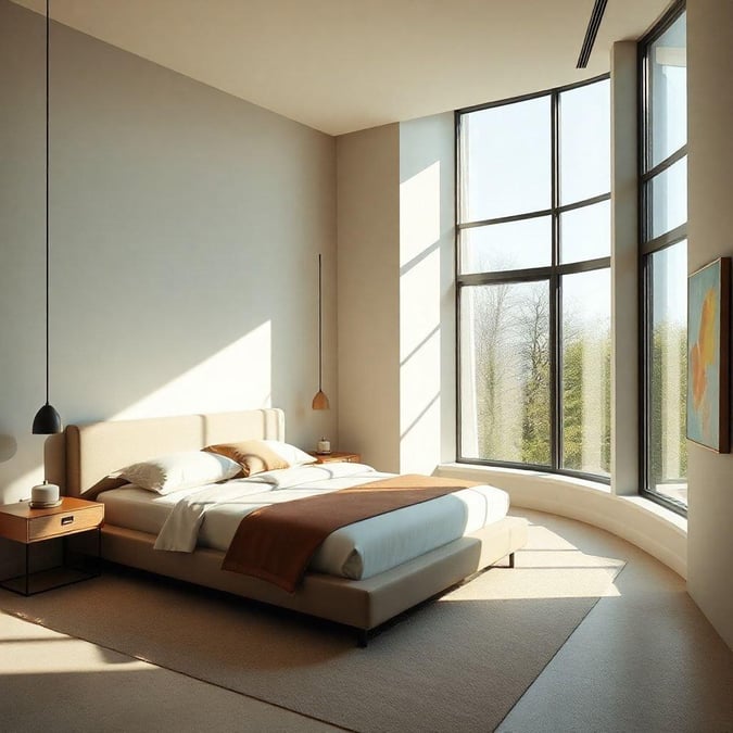 A modern, minimalist bedroom with floor-to-ceiling windows that let in bright natural light. The room is uncluttered and has a neutral color palette, with accents of green and yellow from the outside foliage.