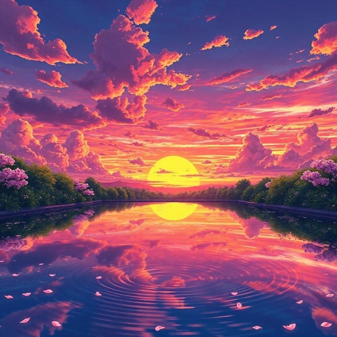 Tauchen Sie ein in die ruhige Schönheit dieses Anime-Stil Sonnenuntergangs-Wallpapers, das einen ruhigen Teich und einen lebhaften, bunten Himmel zeigt.