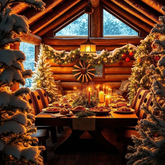 A cozy cabin decorated for the holiday season with festive lights and decorations. The table is set for a family Christmas dinner, inviting warmth and togetherness.