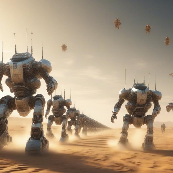 Spectacular desert landscape, with massive robotic machines designed for exploration. These mechanical marvels are poised on a dune, ready to traverse the uncharted territory.