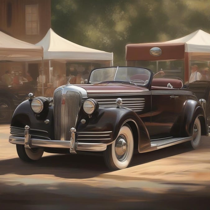 This vintage car is the center of attention at a classic car show. The shiny black finish gleams, reflecting the bright daylight on its surface as people gather to admire it. The setting appears to be an outdoor event with tents in the background, adding a festive atmosphere.