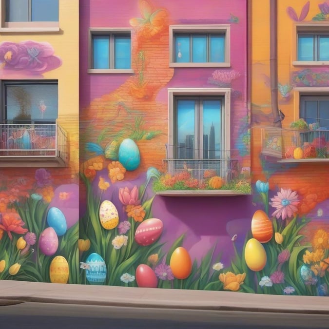 Celebrate the joy of Easter with this colorful street art wallpaper. The vivid display of brightly colored eggs and flowers brings the spirit of spring to your desktop.