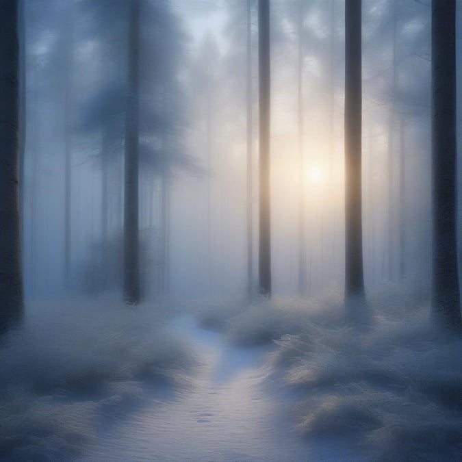 Discover the serene beauty of a forest trail after a light snowfall, with the morning sun breaking through the mist.