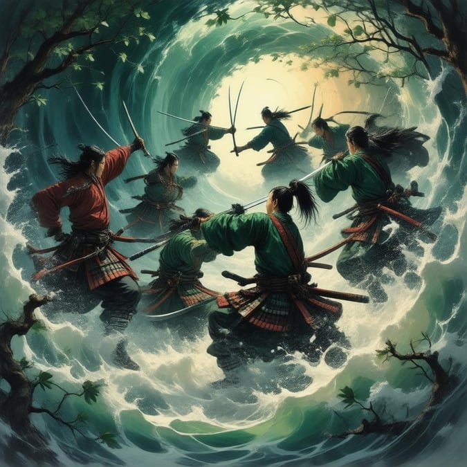 Immerse yourself in the epic battle of samurai warriors amidst a swirling vortex, where vibrant green and brown hues clash against the dark background, creating an anime-like spectacle.