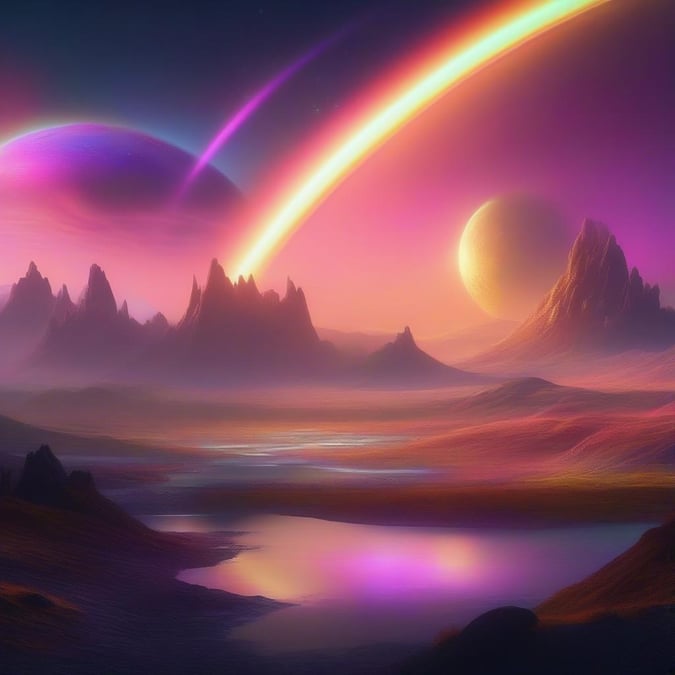 This stunning sci-fi landscape wallpaper features a breathtaking view of a distant planet with a vibrant rainbow stretching across the sky.