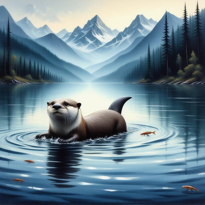 This beautiful wallpaper features an otter swimming in a serene lake, surrounded by majestic mountains and lush trees. The image captures the tranquility and beauty of nature, making it perfect for desktop and mobile use.