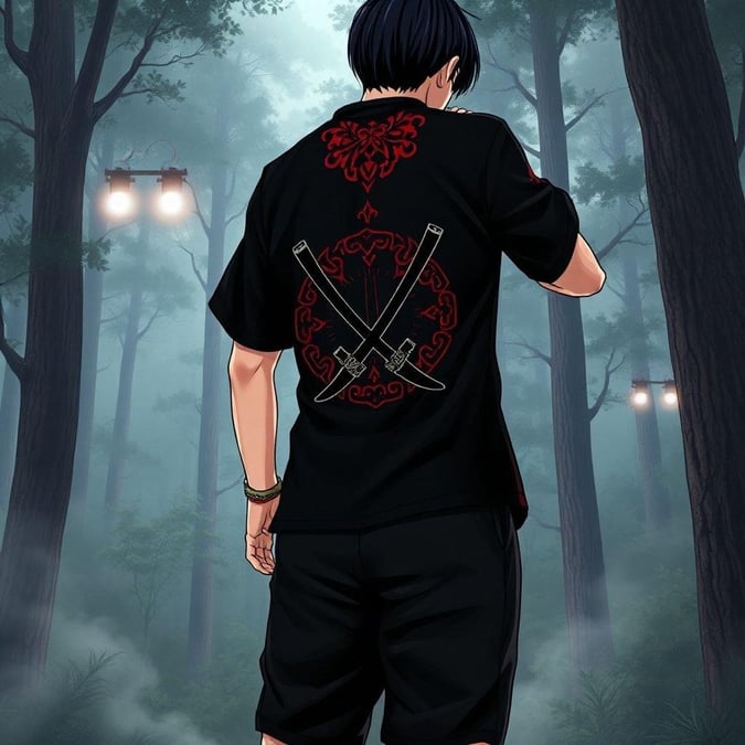 This anime-style wallpaper features a samurai warrior standing at the edge of a forest, wearing a black t-shirt with a red and black pattern on the back, and black shorts. The t-shirt has a striking graphic of a sword and a sword, raised high above the ground and angled to the right. The background is a thick layer of misty trees and foliage, with two small white lights shining through the trees in the top left corner.