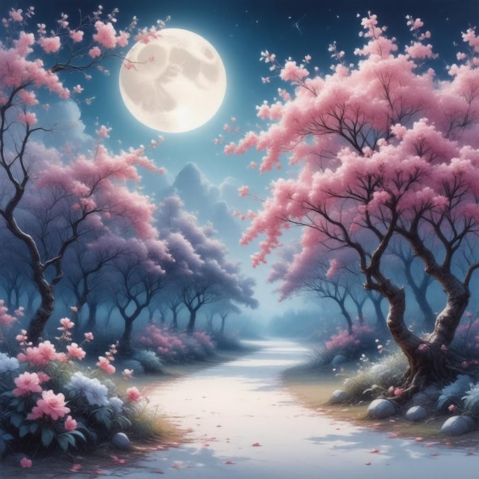 Tauchen Sie ein in die bezaubernde Welt dieses anime-inspirierten ätherischen Gartens, in dem zarte rosa Kirschblüten unter dem sanften Licht eines Vollmonds blühen, vor dem Hintergrund eines geheimnisvollen blauen Himmels.