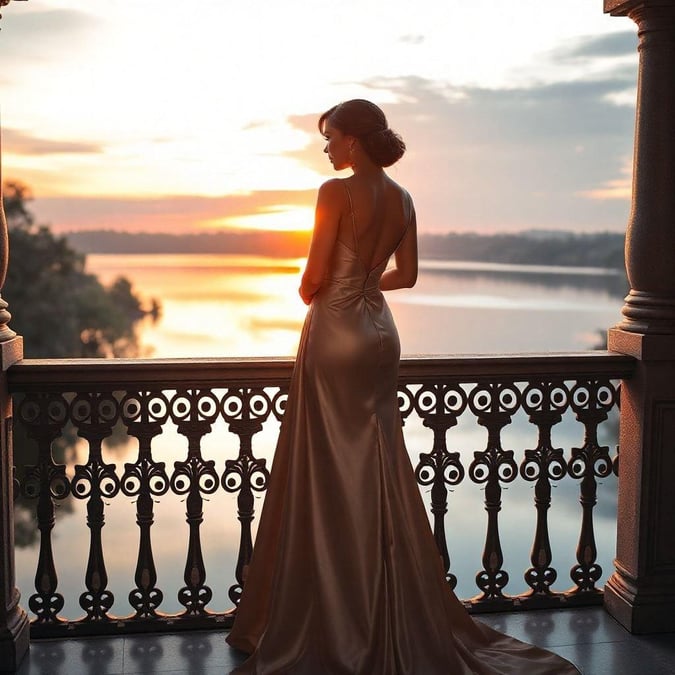 A sophisticated woman admiring the breathtaking view of the sun setting over a lake at dusk.