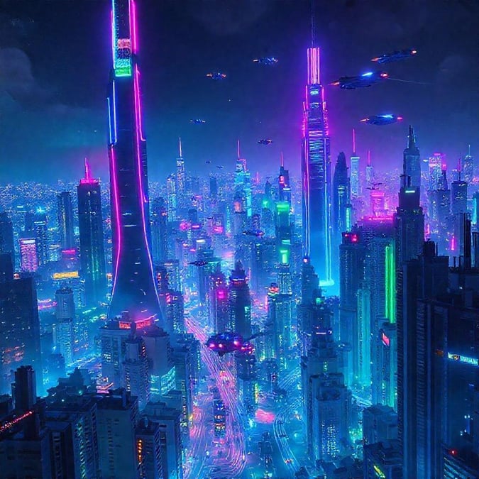 A vibrant futuristic city skyline at night, with towering skyscrapers glowing in neon colors and flying vehicles illuminating the dark sky.