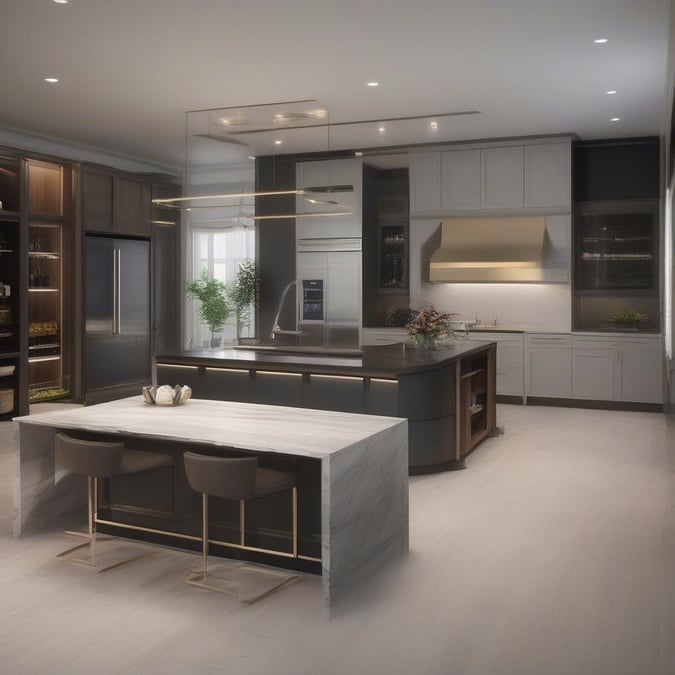 This ultra-modern kitchen exudes elegance and luxury. The sleek stainless steel appliances contrast beautifully with the marble countertops, while the warm wood tones provide a natural touch. The space is both functional for cooking and perfect for socializing or entertaining guests.