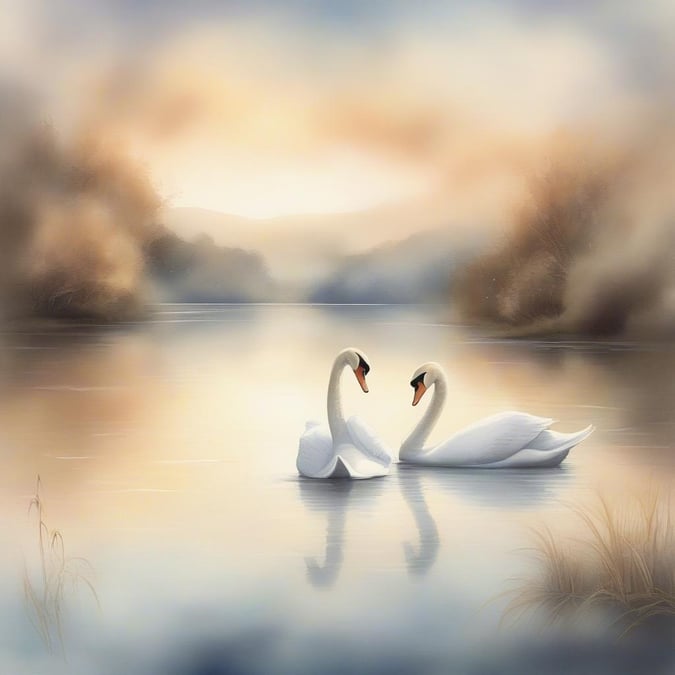 This serene wallpaper features two swans gliding gracefully across a tranquil lake, set against a backdrop of lush greenery and a soft, pastel sky. The image exudes a sense of peace and harmony, making it a perfect addition to any desktop or mobile device.