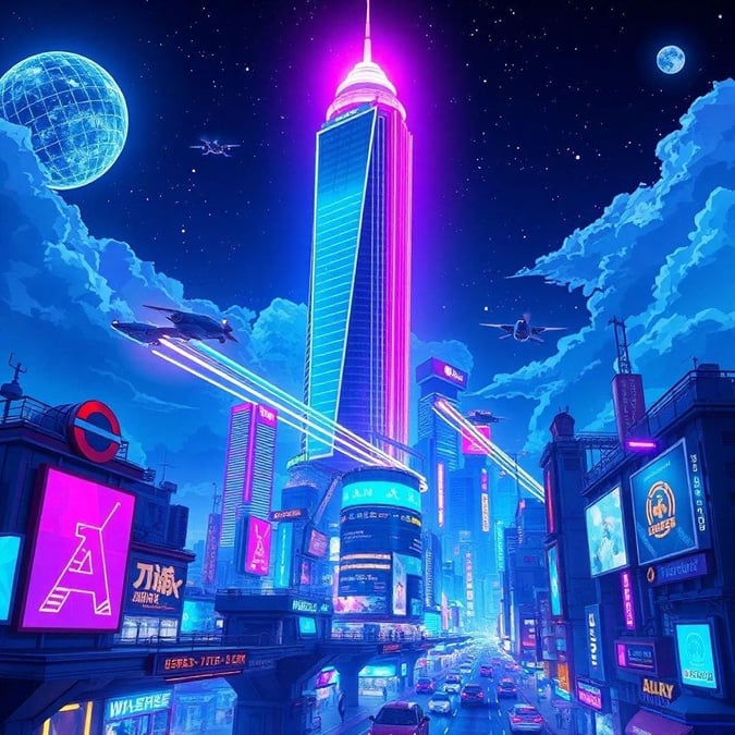 Experience the futuristic world of anime with this vibrant cityscape wallpaper. The towering skyscraper with neon lights and glowing dome is surrounded by flying cars, creating an anime-like atmosphere.