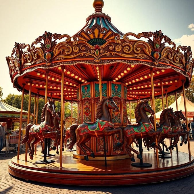 Colorful carousel ride with wooden horses, vibrant lights, and joyous atmosphere.