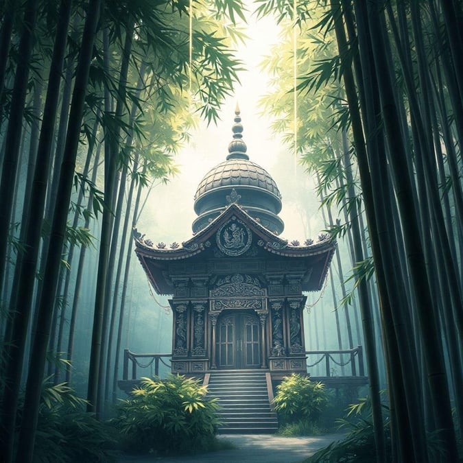 Plongez dans le monde mystique de l'anime avec cette magnifique illustration numérique d'un sanctuaire niché dans une dense forêt de bambous.