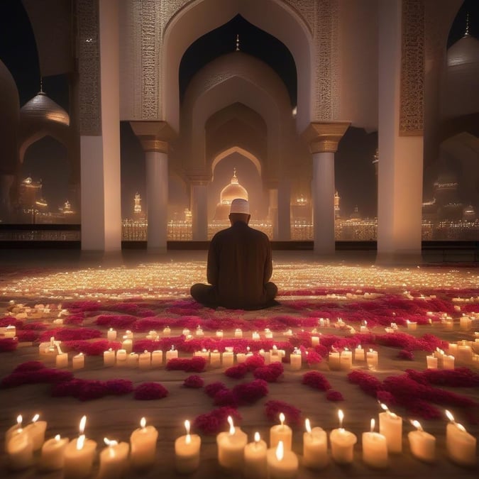 An illuminated mosque during Ramadan, with a person in prayer and the lit candles creating a serene ambiance.