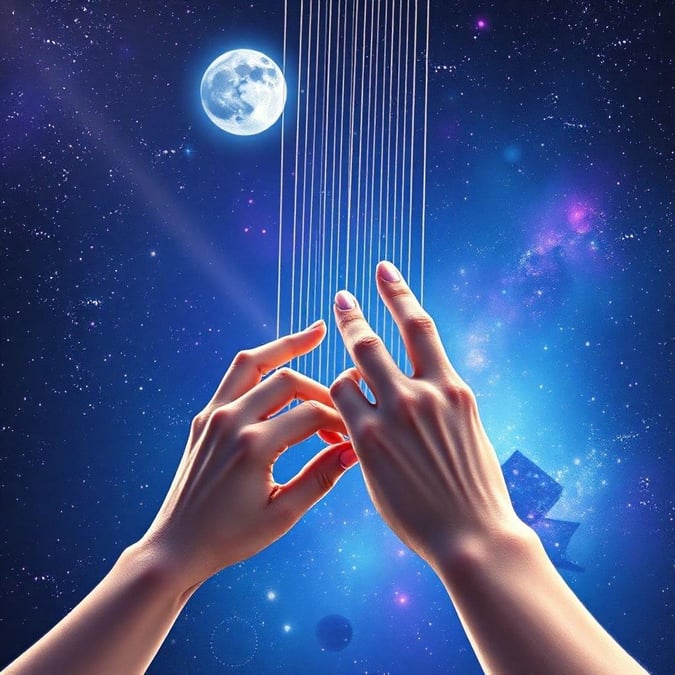 Amidst the vast expanse of the night sky, fingers dance on the strings of an ethereal music box, weaving a melody that resonates with the cosmos. This is more than just music; it's an intimate symphony between human and universe.