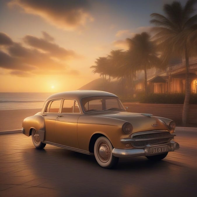 A classic car parked on the beach, with the sun setting in the background.