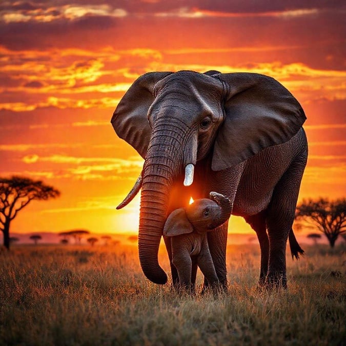 This beautiful wallpaper captures a heartwarming moment of an elephant family enjoying the breathtaking sunset together. The serene and peaceful atmosphere of the image makes it perfect for desktop and mobile use, especially during the Mother's Day season.