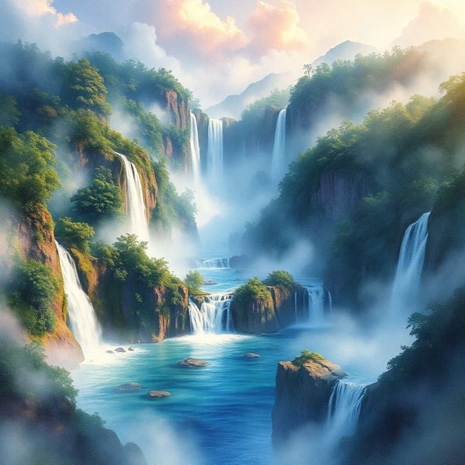 This stunning wallpaper features a breathtaking sci-fi landscape with multiple waterfalls cascading into a serene lake, surrounded by lush greenery and towering mountains.