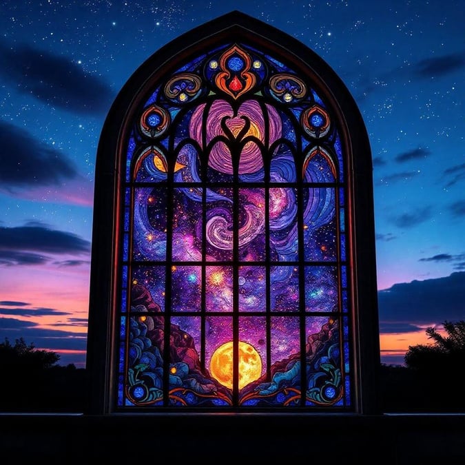 This mesmerizing digital art piece captures the beauty of space, rendered through the ancient medium of stained glass. The window shows a star-studded night sky with planets and a crescent moon illuminating the scene, creating an effect that seems to blend reality with fantasy.