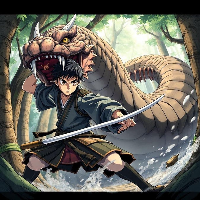 In a forest setting, an animated young samurai confronts a giant serpent, embodying a spirit of courage and determination against the monster's power.