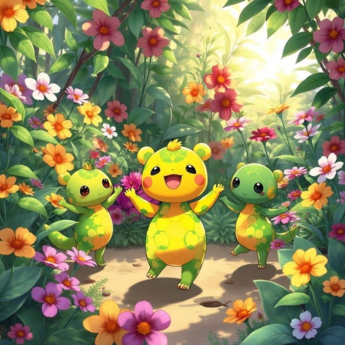 A playful group of anthropomorphic creatures dance in a vibrant garden. The central figure, a small yellow creature with a round head, is a kaleidoscope of green and yellow. Surrounding this cheerful center are two more whimsical characters who add to the lively atmosphere. The background blooms with an array of colorful flowers and plants, creating an enchanting anime-inspired scene.