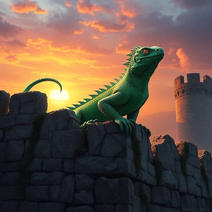 A fantastical creature, possibly a dragon or lizard, perched atop an ancient wall. The sun is setting behind the fortified structure, casting warm light over the scene.