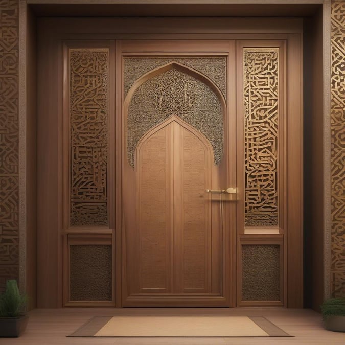 Experience the peaceful and reverent atmosphere of a mosque with this stunning wallpaper, featuring an intricately designed wooden door adorned with Arabic calligraphy, set against a calming indoor light ambiance.