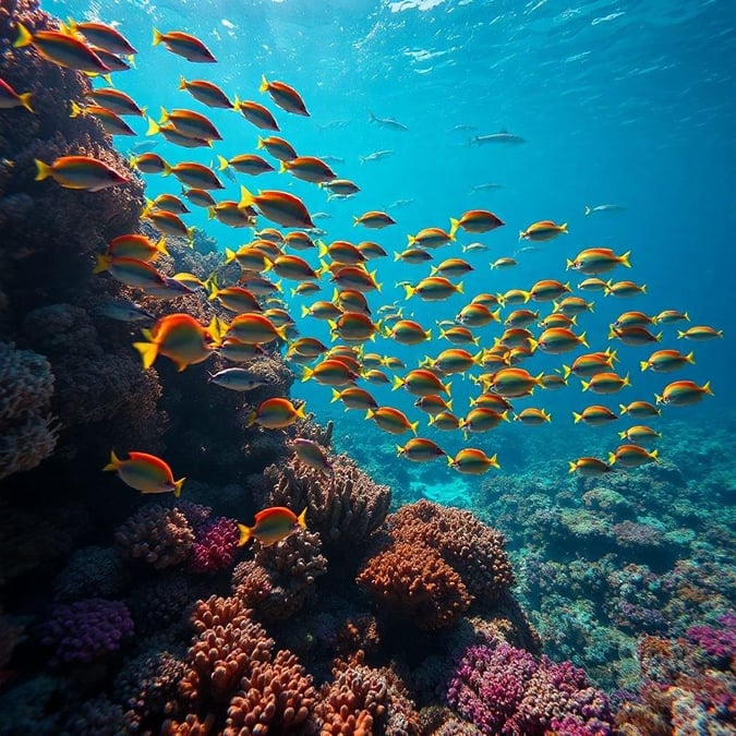 This ocean scene showcases a vibrant school of brightly colored fish swimming amidst the coral and reefs. The image captures the lively underwater ecosystem, making it perfect for desktop wallpapers.