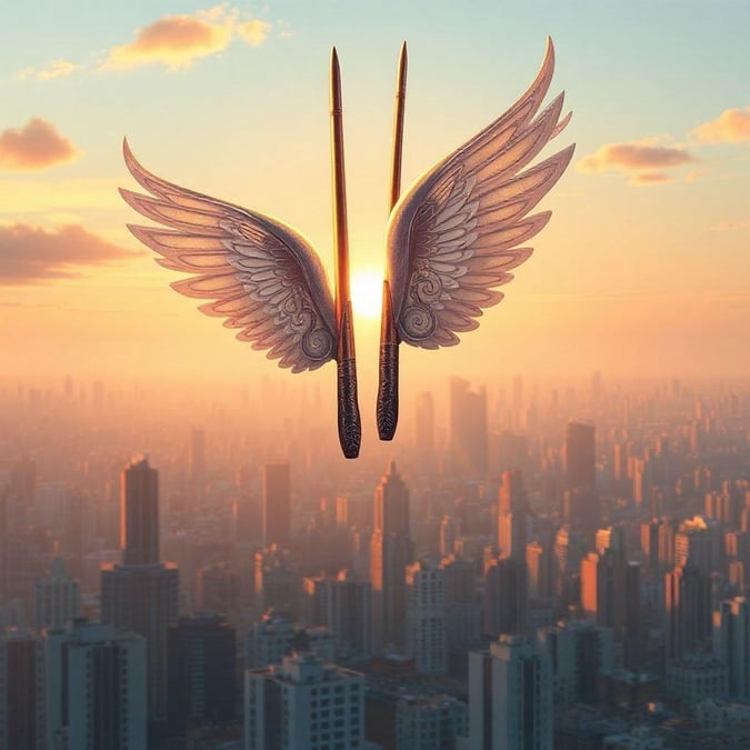 A musician playing two stringed instruments, soaring above the city skyline as angelic wings grace their back.