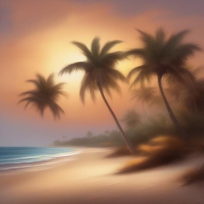 A tranquil tropical beach scene at sunset, with swaying palm trees on the sandy shore against a warm golden sky.