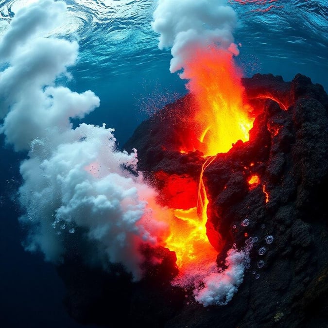 Immerse yourself in the breathtaking beauty of an underwater volcano eruption, where molten lava flows through the ocean depths, creating a mesmerizing display of power and natural wonder.