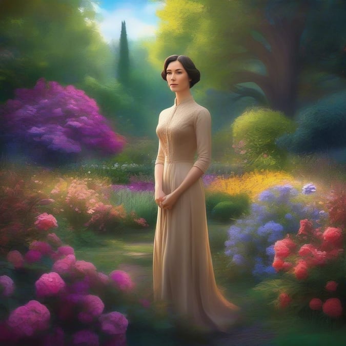 A serene and picturesque scene of a woman in a beautiful garden, showcasing her elegance and poise.