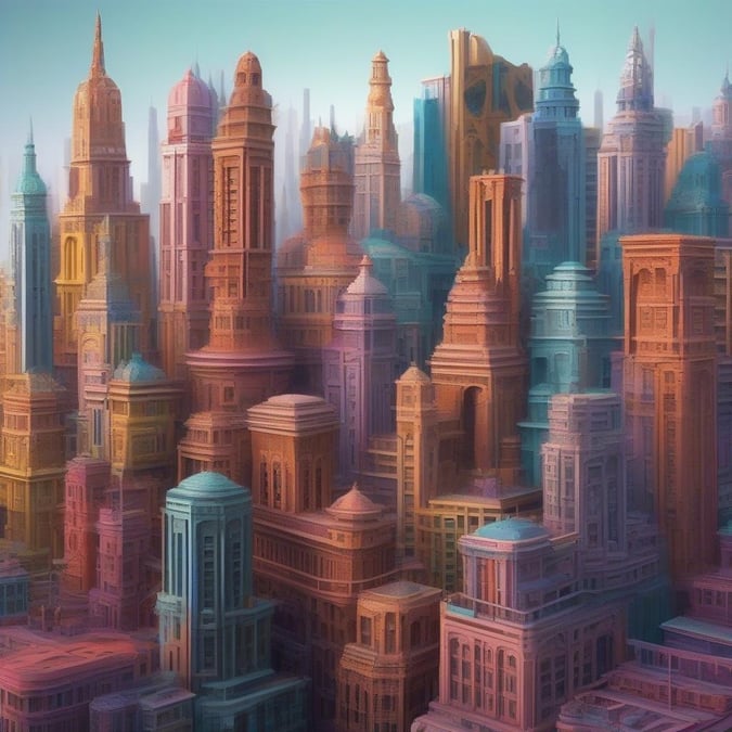 An artistic depiction of a bustling city skyline at dusk, with tall buildings stretching towards the heavens.