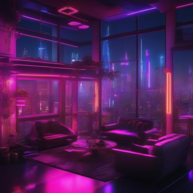 Chill out in the glow of neon lights, overlooking a futuristic city skyline.