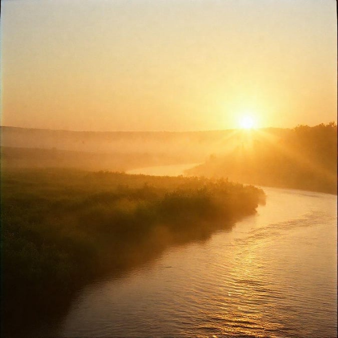 A breathtaking sunset over a peaceful river, surrounded by lush greenery.