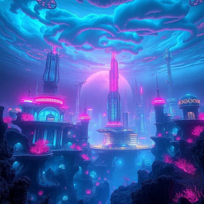 Discover an underwater city, bathed in neon pink light. This futuristic setting features towering buildings and structures with a retro-futuristic style. The depths of the ocean serve as the backdrop for this otherworldly metropolis, creating a striking contrast with its artificial, man-made beauty.