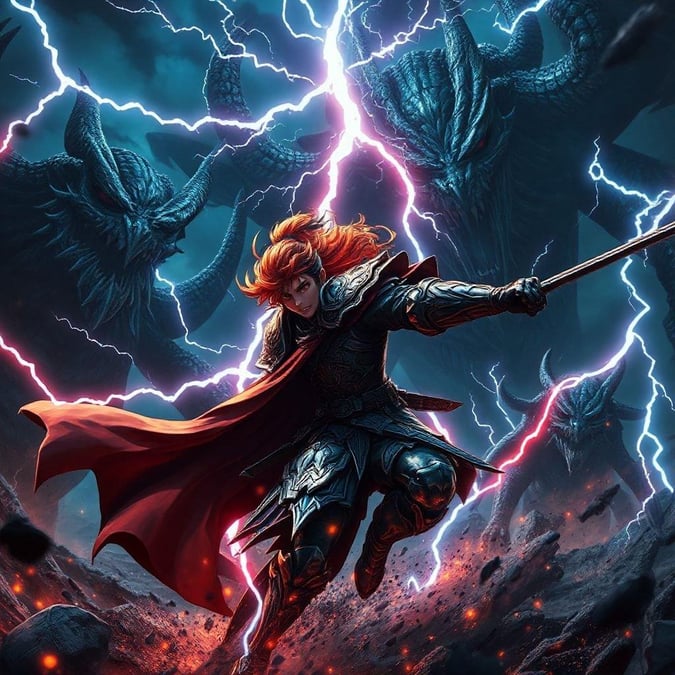 In the midst of an epic battle, a brave warrior wields lightning in both hands against dark creatures.